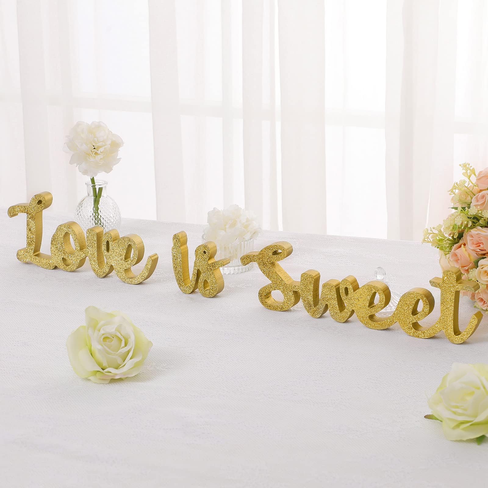KathflyLove is Sweet Table Decor Hollow Sign Wooden Love is Sweet Sign for Dessert Table Freestanding Wood is Wooden Letter Top for Wedding Shelf(Glitter Gold)