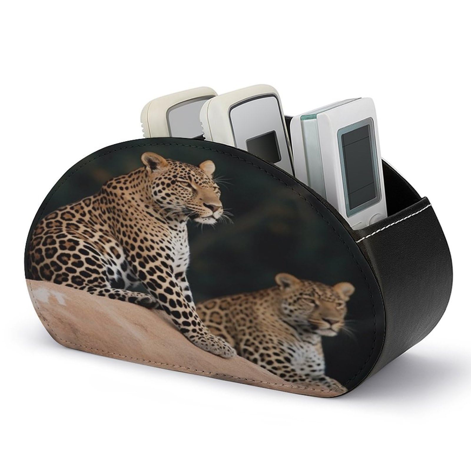 VstaDank African Leopard on Rock Remote Control Holder with 5 Compartments PU Leather Remote Caddy Desktop Organizer Store TV Remote Control Storage Box for Home Office Desk Nightstand