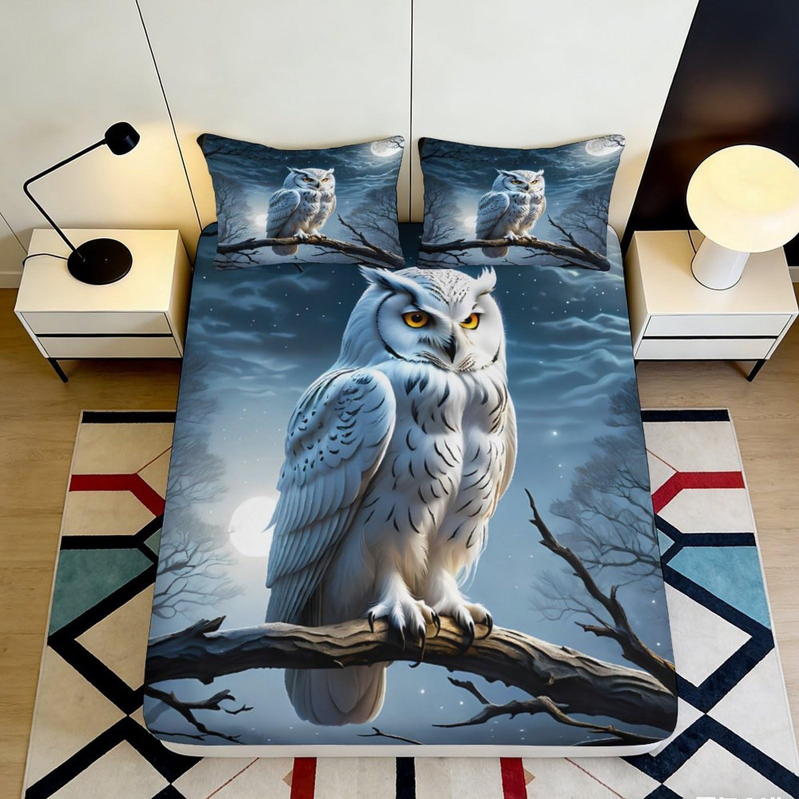 Jqzkxnhpbr Style-2 3D Printed Snowy Owl Fitted Sheet Microfiber Blue Night Forest Bed Sheet Anti-Slip Easy Care For Bedroom Decor 90X200x25cm