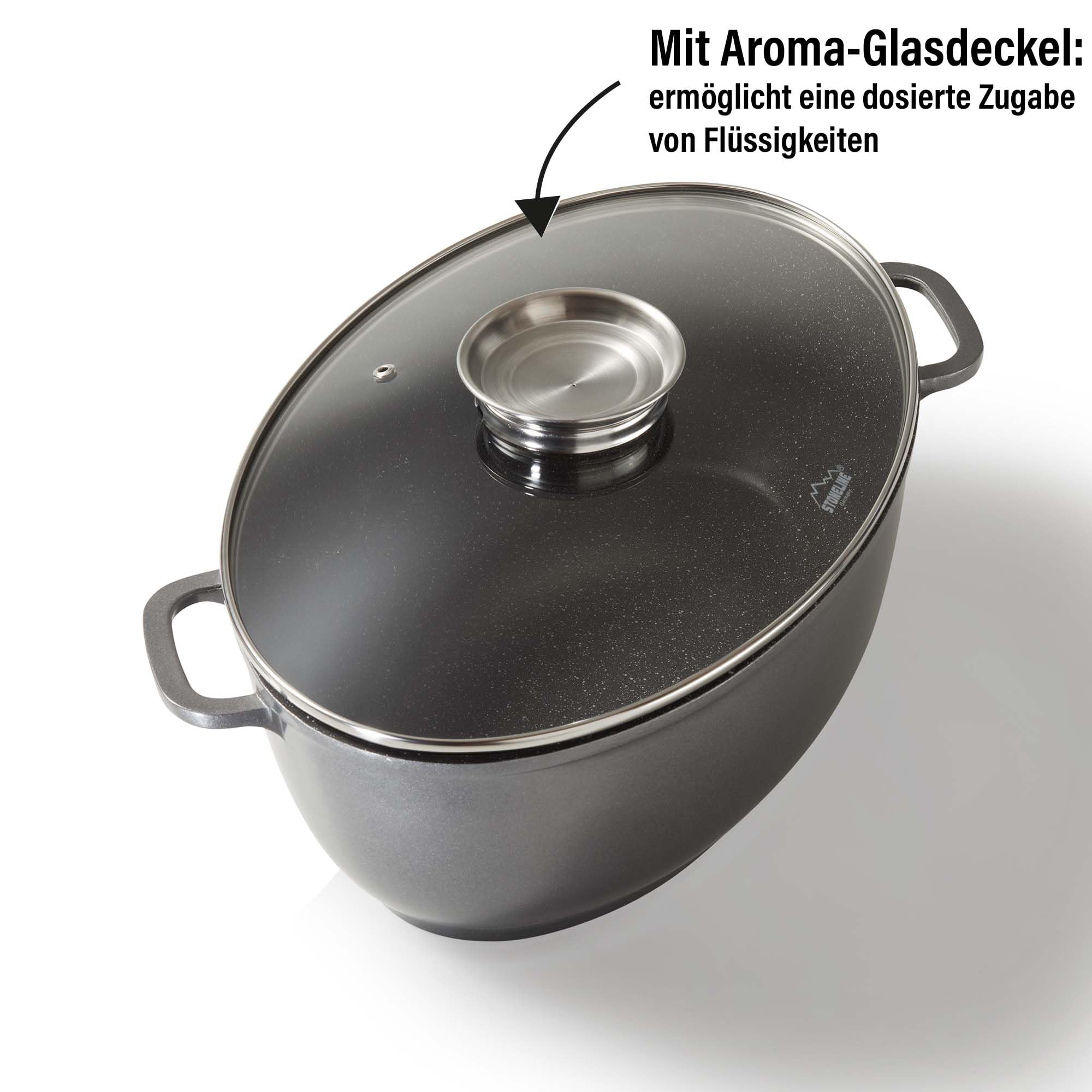 STONELINE Gourmet Bräter mit Deckel Induktion Oval 39x26 cm, 8,5 L, Aluguss Topf beschichtet mit echten Steinpartikeln mit Aromadeckel Bratentopf Schmortopf mit Deckel Backofengeeignet, alle Herdarten