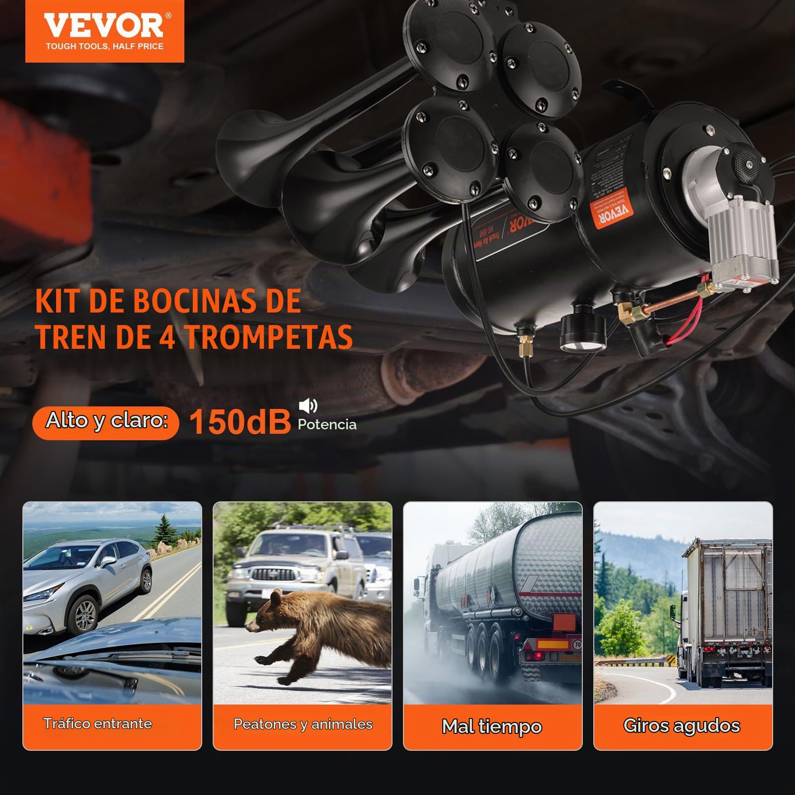 VEVOR Kit de 4 Bocinas de Trompeta Bocina de Automóvil de 150 dB con Compresor de Aire de 90-120 PSI Tanque de Aire de 3 L Bocina de Aire Universal de 12 V para Todos los Vehículos Trenes Barcos Auto