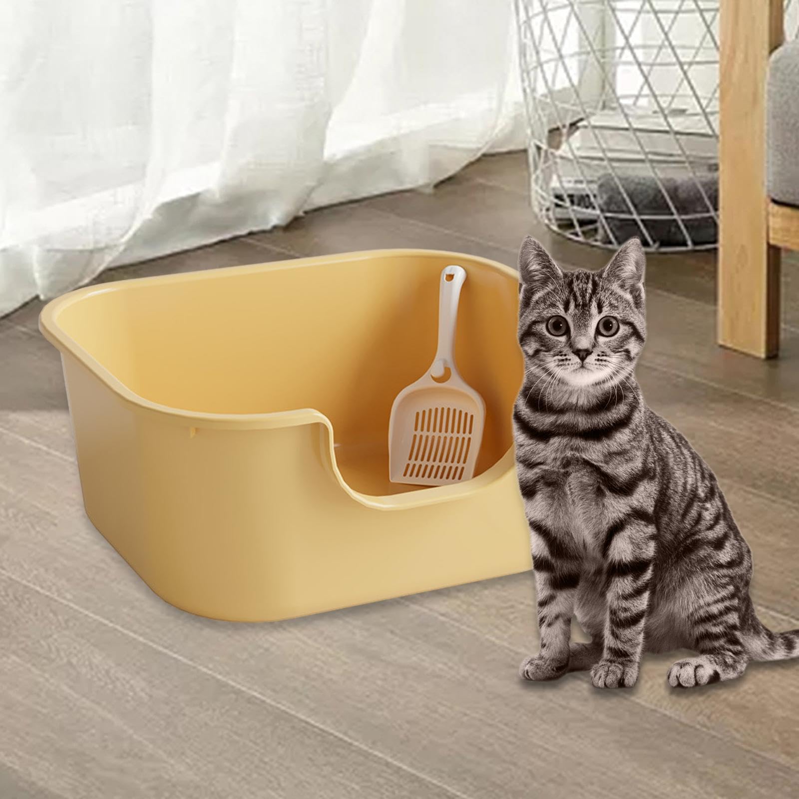Katzenstreu Schale Offene Katzentoilette mit Hohen Seiten Katzenstreu Behälter U-Form Sand Kiste aus Robustem PP für Katzen Kätzchen Kaninchen, Gelb