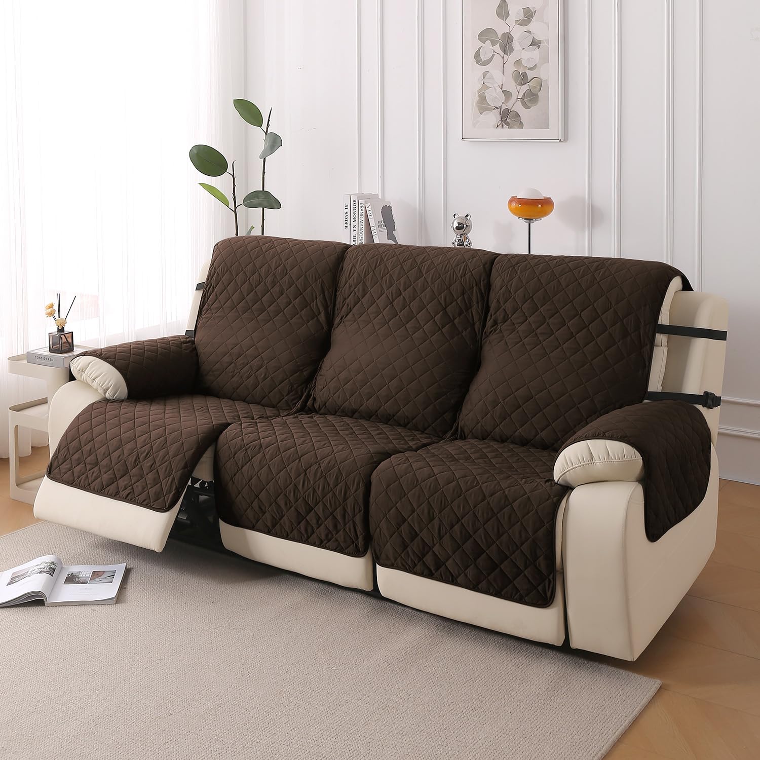 HOKIPO 'UrbanQuilt' Recliner Sofa Slipcover Mat for 3 Seater | 1-Piece Design & Dual Belt Protection to Avoid Slipping of Cover, Chocolate Brown (AR-6071-M1)