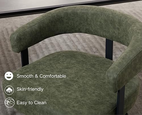 Miniatura 4 de Juego de 2 sillas de comedor modernas de cuero verde tapizadas, cómodas sillas de cocina, sillas auxiliares sin brazos con respaldo abierto curvado