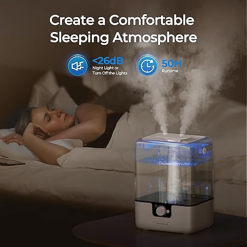 Vista 3 de CHIVALZ Humidificadores para dormitorio, humidificadores de niebla fría de 6 L para guardería, silenciosos de 26 dB, tiempo de funcionamiento de 50