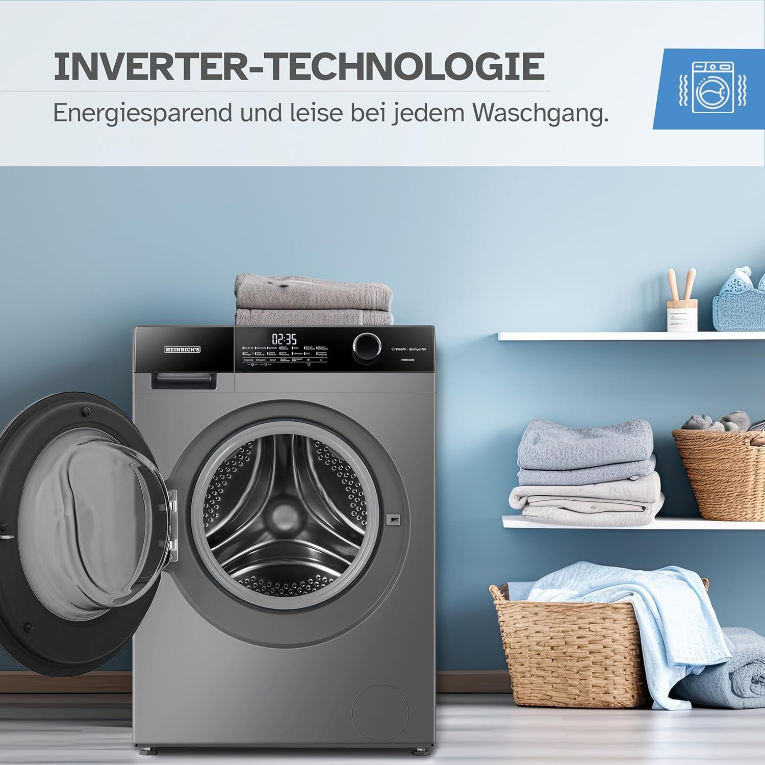 Heinrich´s Waschmaschine, Steam-Funktion, 10kg Mega Kapazität, 15 Programme, 1400 U/min., Aqua-Stop, LED-Display, Endzeitvorwahl, mit Kindersicherung, langlebiger und leiser Inverter Motor,Titan-Grau - 3