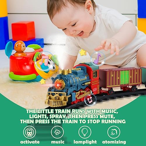 Miniatura 7 de Juegos de trenes navideños para alrededor del árbol, juego de tren eléctrico para niños y niñas, modelo recargable con aerosol, luces, sonidos,