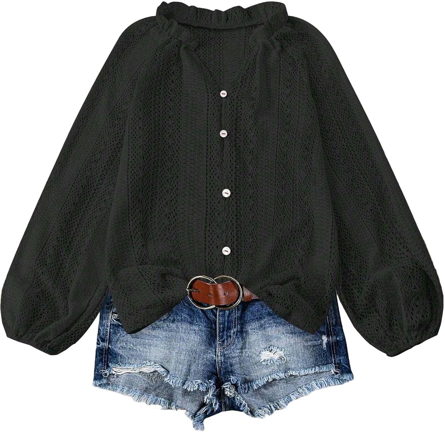 Women's Long Lantern Sleeve Top V Neck Hollow Out Ruffled Pullover Shirts Fall Summer Bohemian Loose Eyelet Outfits