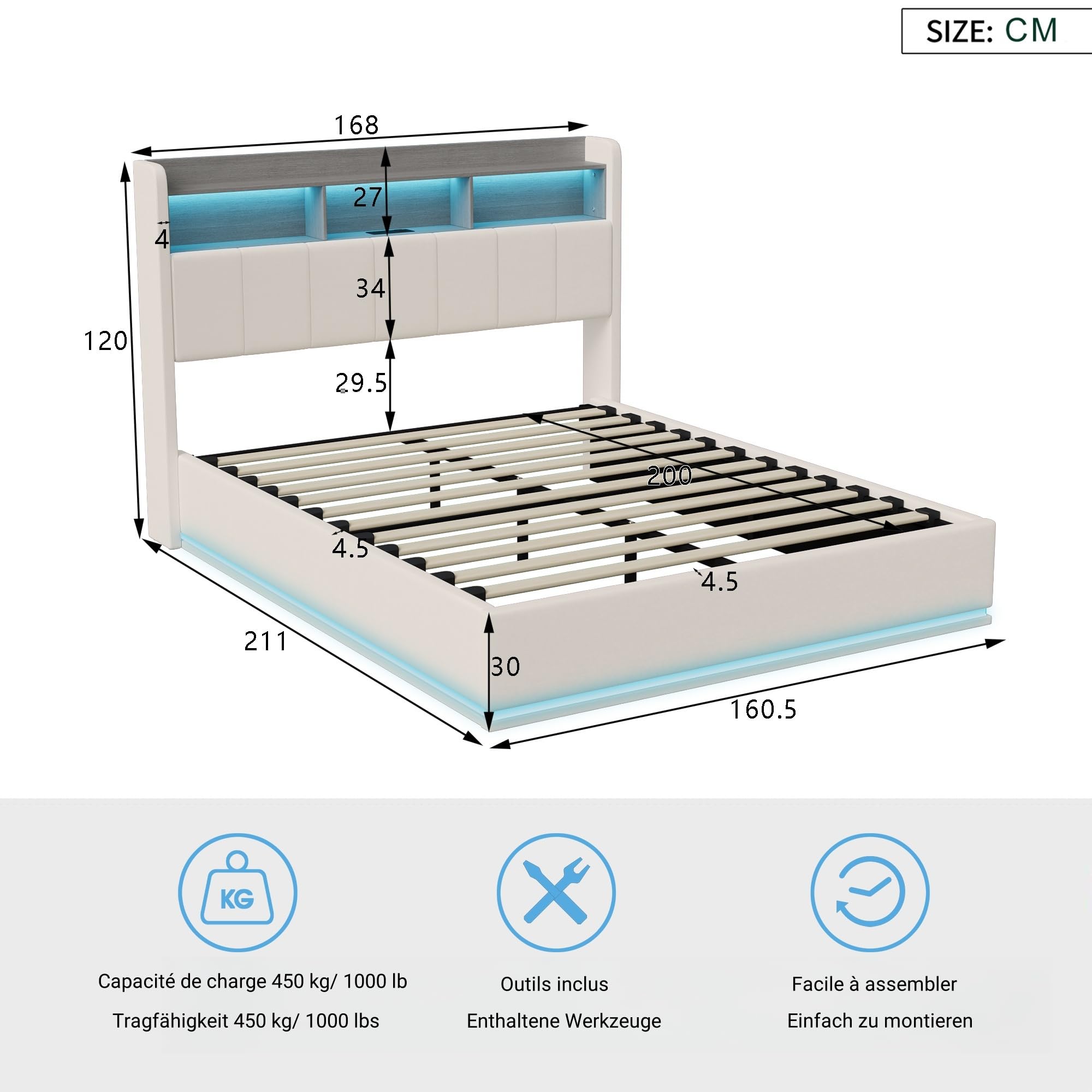 Letto Imbottito 160 x 200 cm, Letto Matrimoniale con Contenitore, letto una Piazza e Mezza, con LED e Ricarica USB, Letti con Rete a Doghe, Testiera con Vano Portaoggetti, Velluto, Bianco