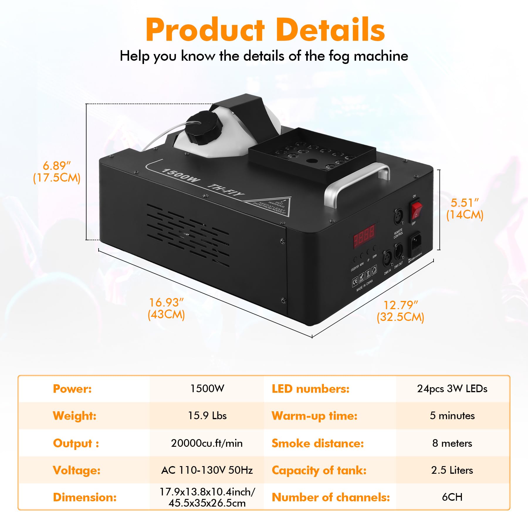 Ridgeyard Macchina per il fumo da 1500 W con telecomando wireless e luce a LED con 16 colori, adatta per DJ discoteca party, Halloween, Natale, feste di nozze e spettacoli sul palcoscenico, ecc
