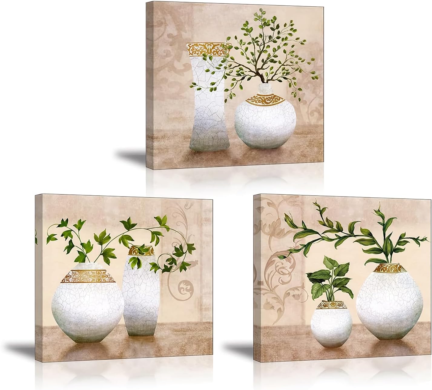 3Pcs Elegant Green Plants in Vase Bottles Picture Painting Canvas Wall Art Waterproof Bracket Mounted in Real Wood Paintings Nice Gift for your Home Décor 12x12inch