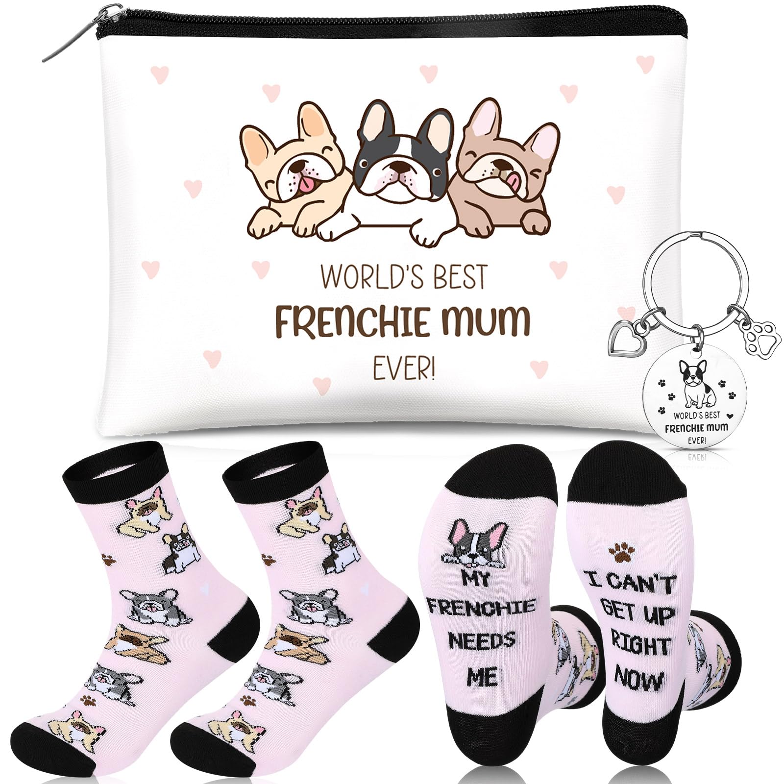 Hestya 3 Pcs Frenchie Lovers Gifts World's Best Frenchie Mum Ever Cosmetic Bag Keyring Pug Retriever Socks for Women Funny Dog Lover Birthday Christmas Gifts