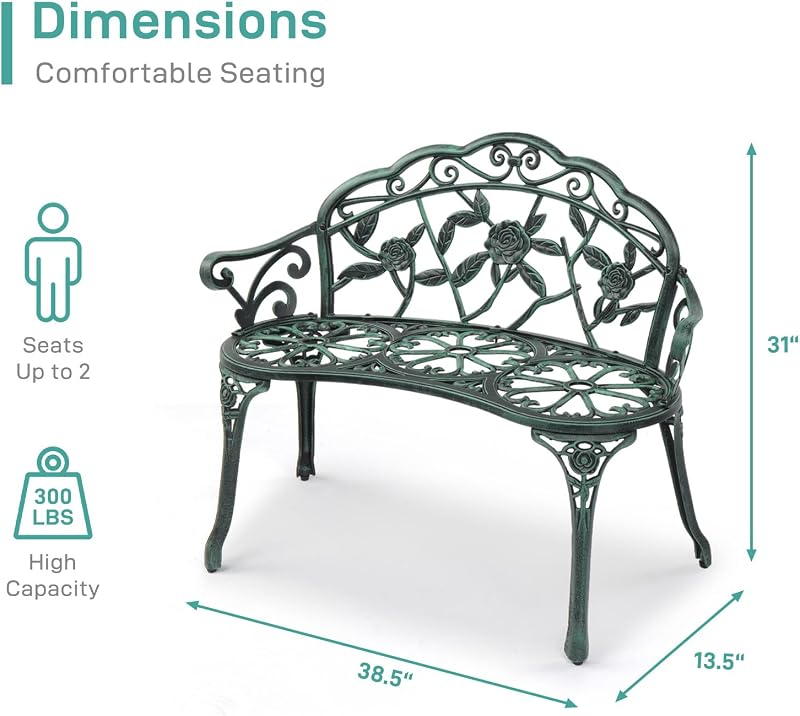 VINGLI 38.5" Patio Park Garden Outdoor Metal Rose Bench, 2-Person Cast Iron Cast Aluminium Frame Antique Finish Chair,Accented Lawn Front Porch Path Yard Decor Deck Furniture (Green, Rose) image 3