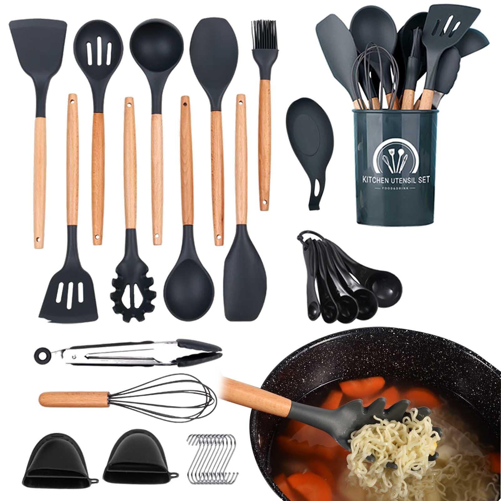 Cucina Silicone | Set da Cucina in Silicone con Manico in Legno | 30 pezzi, silicone antiaderente resistente al calore, set da cucina senza BPA