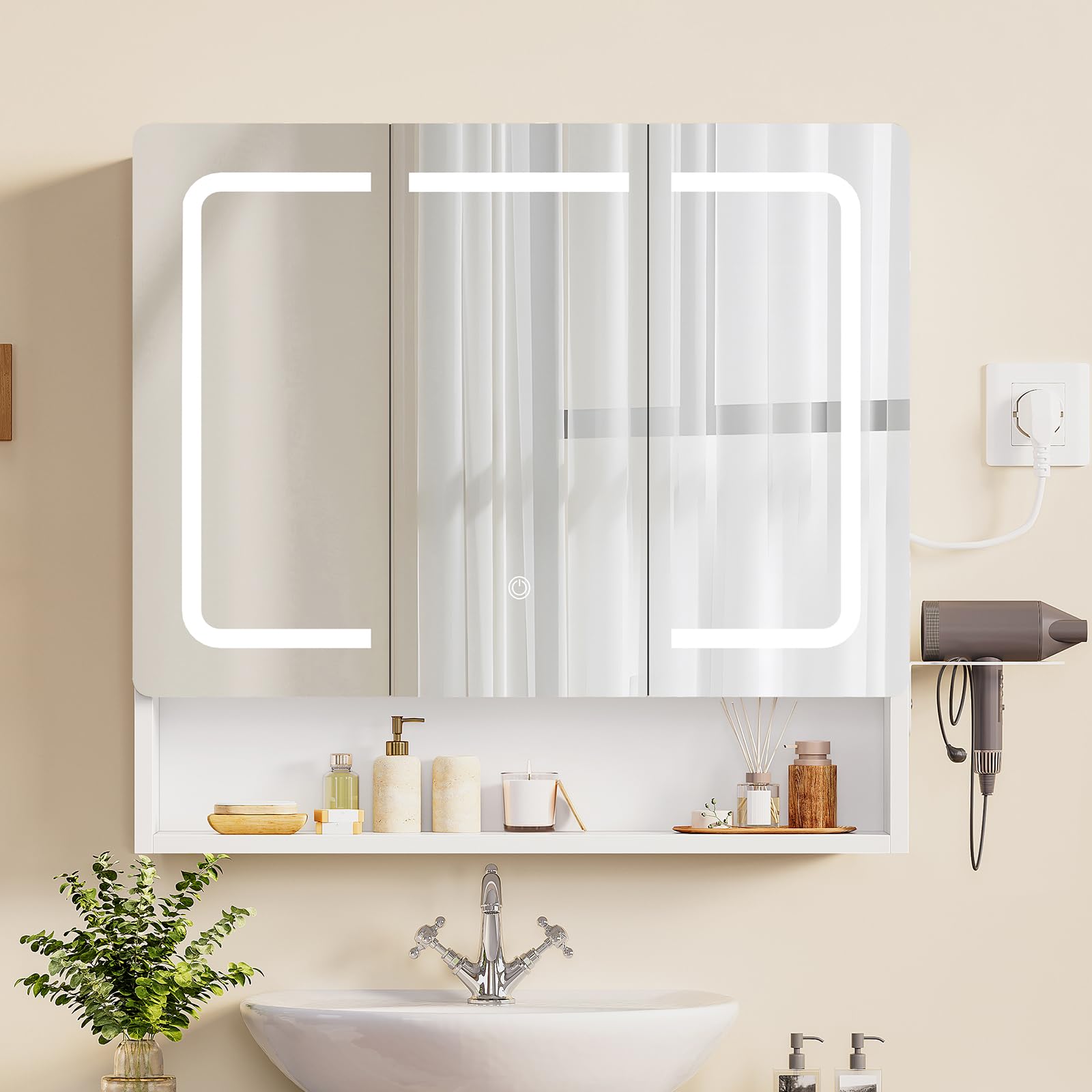TEENFON Specchio Bagno Contenitore con Luce LED e Presa Elettrica, Mobile Bagno a Specchio con 3 Ante e Gancio Asciugacapelli, 3 Temperature di Luce Dimmerabili a Touch, Ripiani Regolabili, Bianco