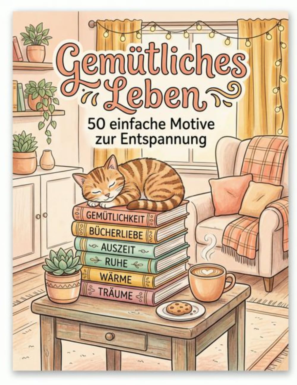 Gemütliches Leben: 50 einfache Motive zur Entspannung: Malbuch mit dicken Linien: Alltagsgegenstände, Katzen und Wohndeko – Große Vorlagen für Erwachsene und Senioren