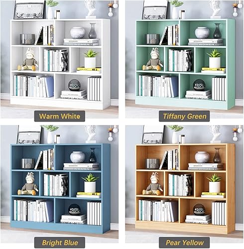 Miniatura 3 de IOTXY Estantería baja con estante abierto, organizador de madera de 3 niveles con base, estantería horizontal corta de 7 cubos en amarillo pera