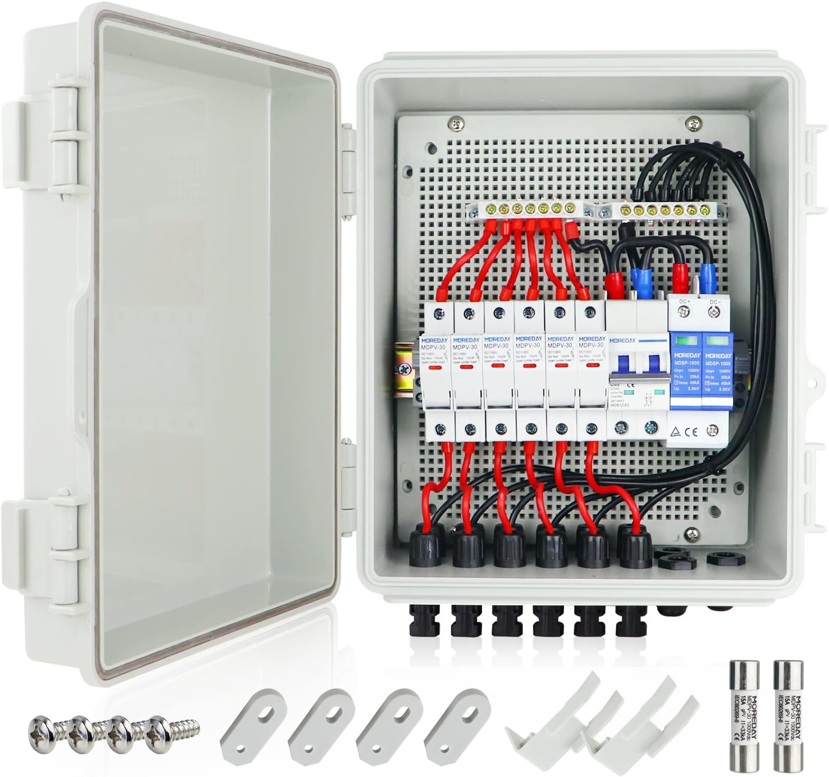 6 String Solar Combiner Box, PV Combiner Box with Lightning Arreste, 63A Circuit Breakers and 15A Rated Current Fuse for On/Off Grid Solar Power System, IP65 Water Resistant