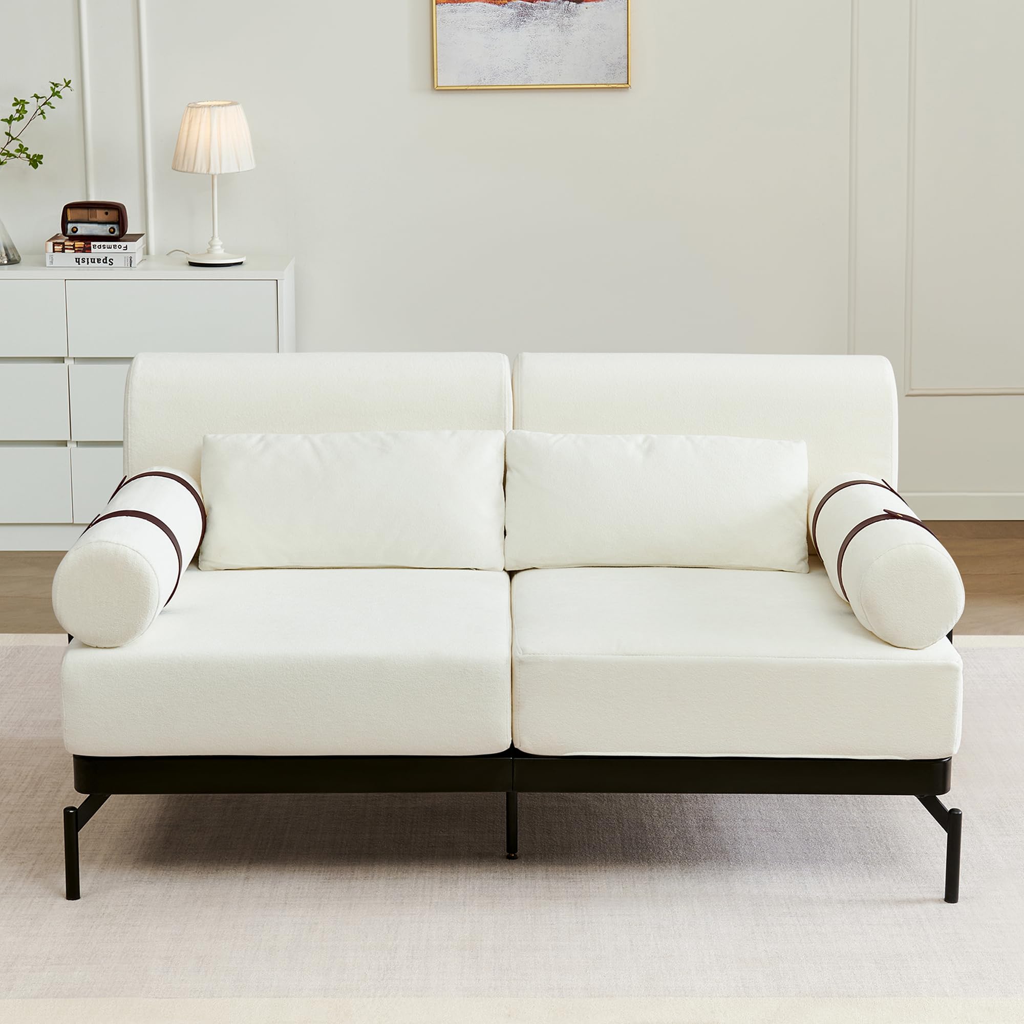 P PURLOVE Modern Loveseat Sofa Sofa Couch 3-Seater Sofa with Flexible USB Ports Unique Cylindrical Armrests for Living