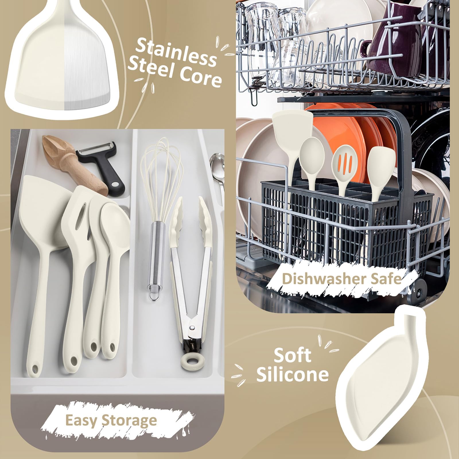 Leonyo Küchenutensilien-Set zum Kochen, Silikon-Kochutensilien-Set, 230 °C, hitzebeständiges Silikon-Küchenwerkzeug mit Pfannenwender, Servierlöffel, Schneebesen für Antihaft-Kochgeschirr, Weiß, 10