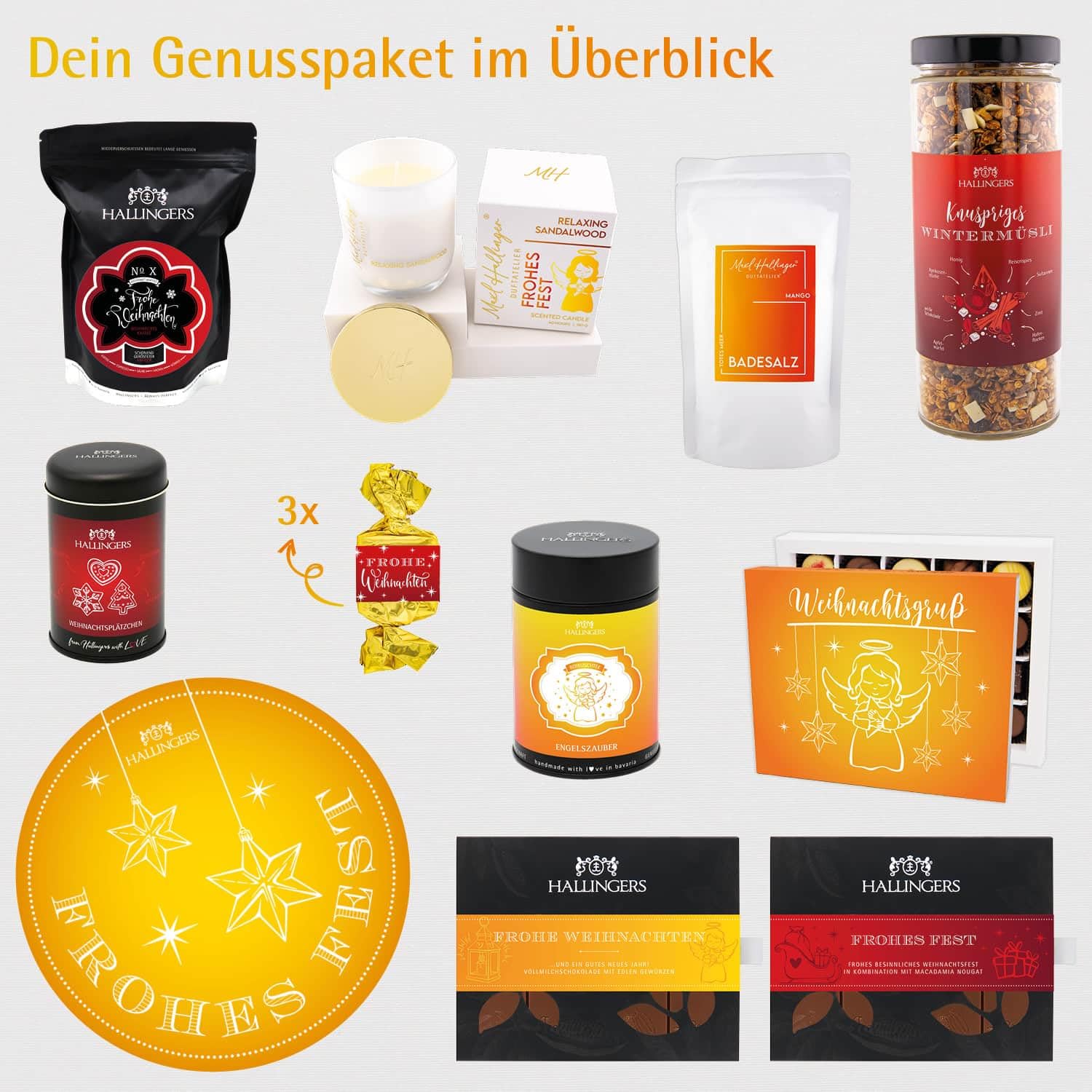 Hallingers Genuss Manufaktur Feinkost Weihnachts-Geschenk-Set - XXL-Geschenkkorb "Frohes Fest" große Selektion Nougat, Müsli, Kaffee, Duftkerze, Gewürz, Schoki & mehr, Weihnachten für Frauen Männer