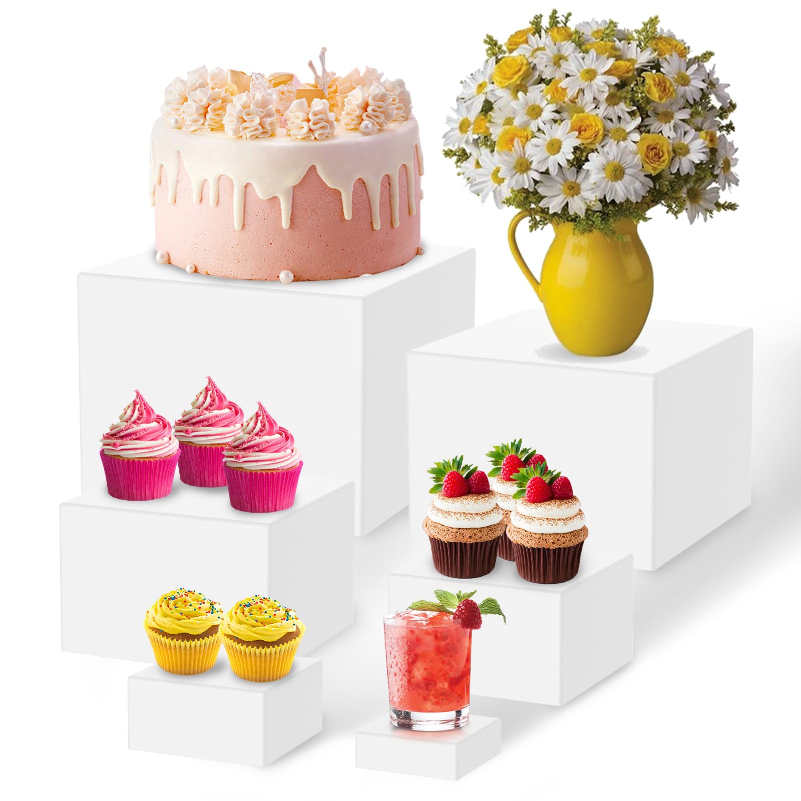 Ktcina White 6Pcs Buffet Risers, Small Acrylic Food Riser Cupcake Stand Risers Cube Display Table Riser Stand Dessert Table Display Set For Catering Dessert Jewelry Figures Show 20/18/15/13/10/7.6Cm(White)