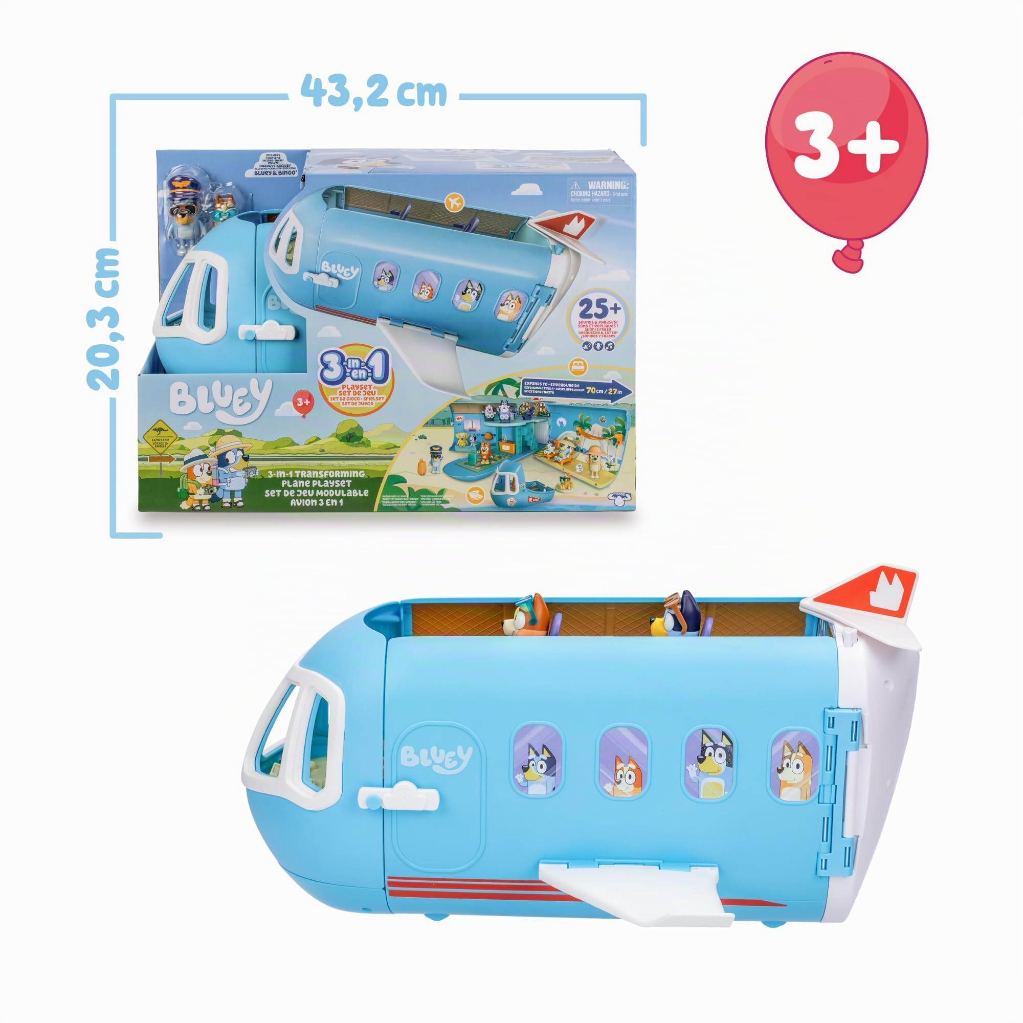BLUEY - 3-in-1-Flugzeug, Pilot und Bingo gehen in den Urlaub und das Flugzeug verwandelt Sich in Hotel, Boot und Strand, 10 Zubehörteile, Spielzeug mit Sounds, ab 3 Jahren, Berühmt (BLY75000)