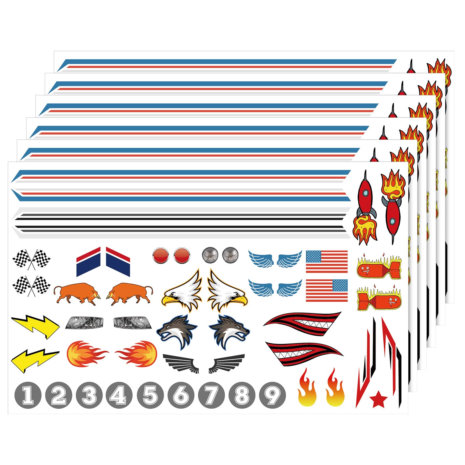 MotiMind 6 Pcs Derby Car Sticker Set Flags Theme Racing Stickers Cool Stripes Flame Numbers Lights and More Decals for Your Derby Car