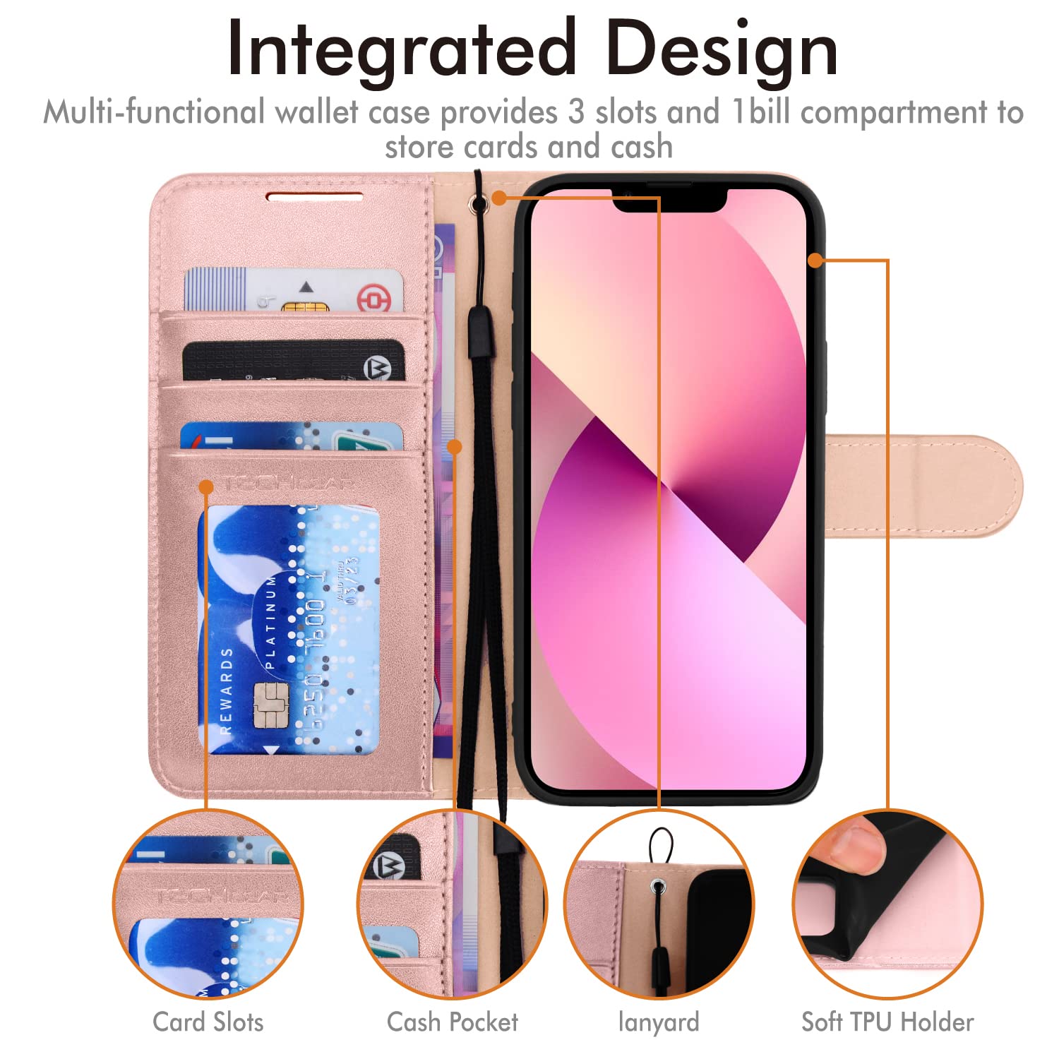 TECHGEAR Cover iPhone 13 Mini - Custodia Portafoglio in Pelle Sintetica con TPU Antiurto, Funzione di Supporto con Slot per Schede e Cinturino da Polso per iPhone 13 Mini