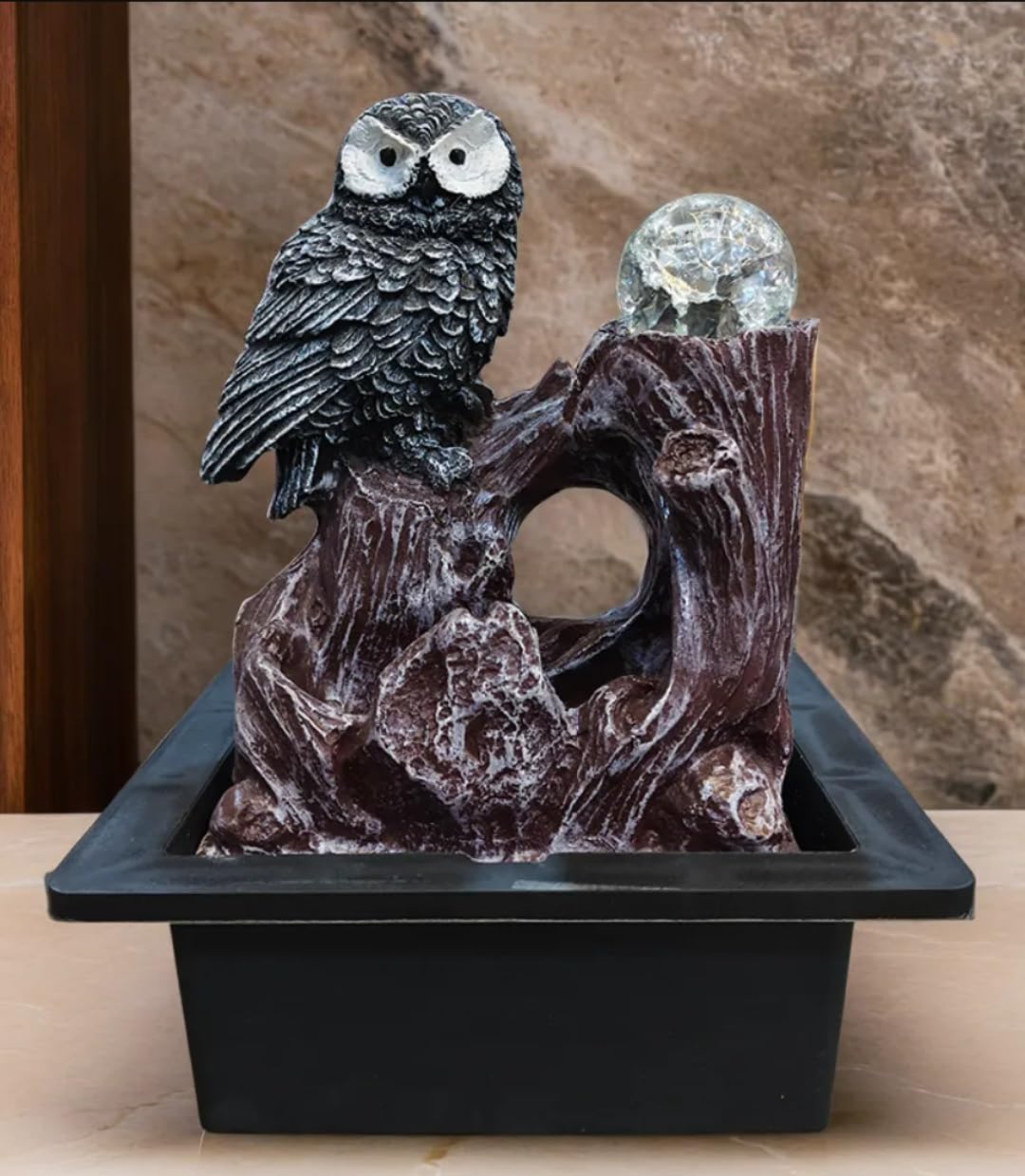 White Mango's Decorative Owl Tabletop Fountain with Crystal Ball, Indoor Water Feature, Black and Brown Resin Sculpture, LED Light, Zen Home Decor-image-35