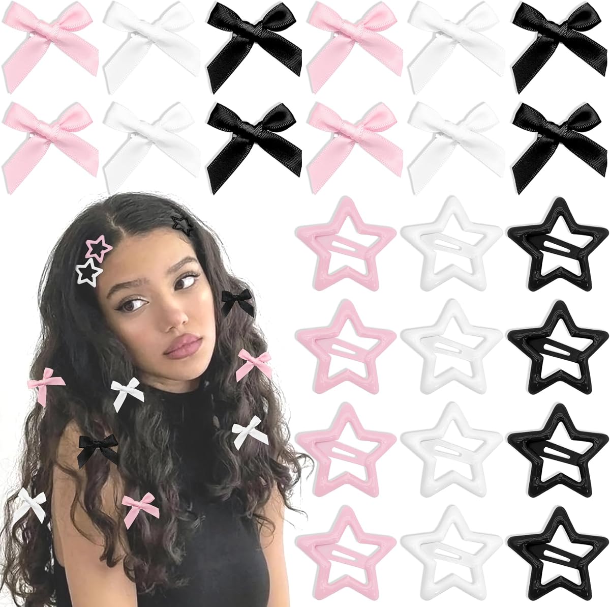 24 pinzas para el pelo con lazo, 3 colores de satén, mini pinzas para el pelo, pasadores de estrella Y2K, accesorios para el pelo con lazo de metal para mujeres y niñas, color negro