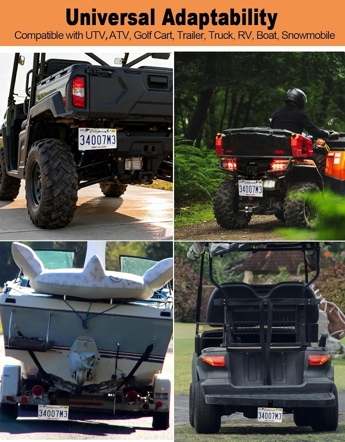 UTV License Plate Holder with Light Aluminum License Plate Frame Mount for UTV ATV Golf Cart RV Truck Snowmobile Trailer Boat Compatible with Can-Am Maverick X3 Polaris RZR Ranger Sportsman