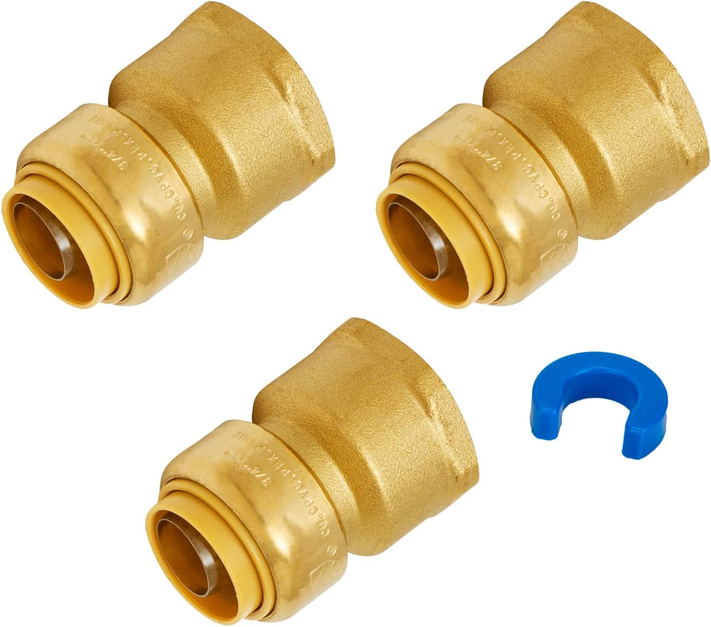 SUNGATOR 3/4 Inch FNPT x 1/2 Inch Pushfit Adapter, Female Reducer, No Lead Brass Push-to-Connect Plumbing Fittings to Connect PEX Pipe, Copper, CPVC, With 1 Disconnect Clip, Pack of 3