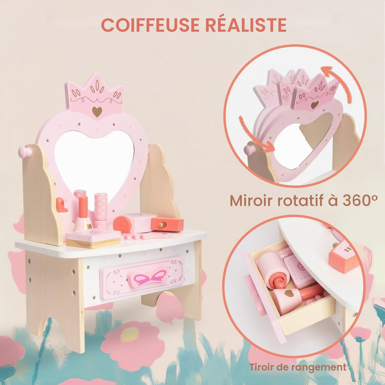 WOODENFUN Coiffeuse en bois pour fille avec 7 pièces, tiroir miroir acrylique rotatif à 360°, coiffeuse rose pour enfants