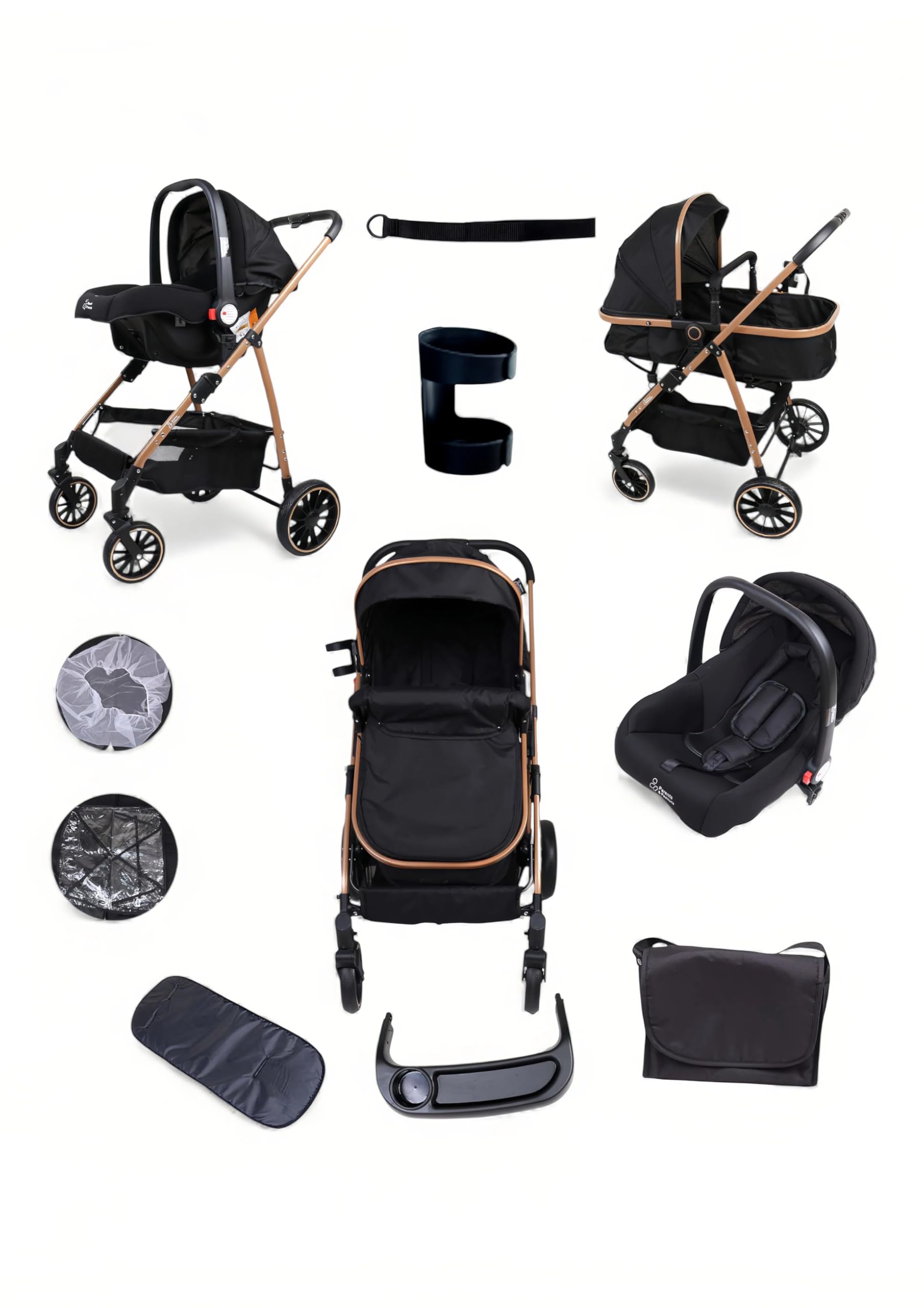 Parents & Peanuts 3 in 1 Baby Travel System Pram Pushchair with Infant Car Seat (Black Rose Gold)