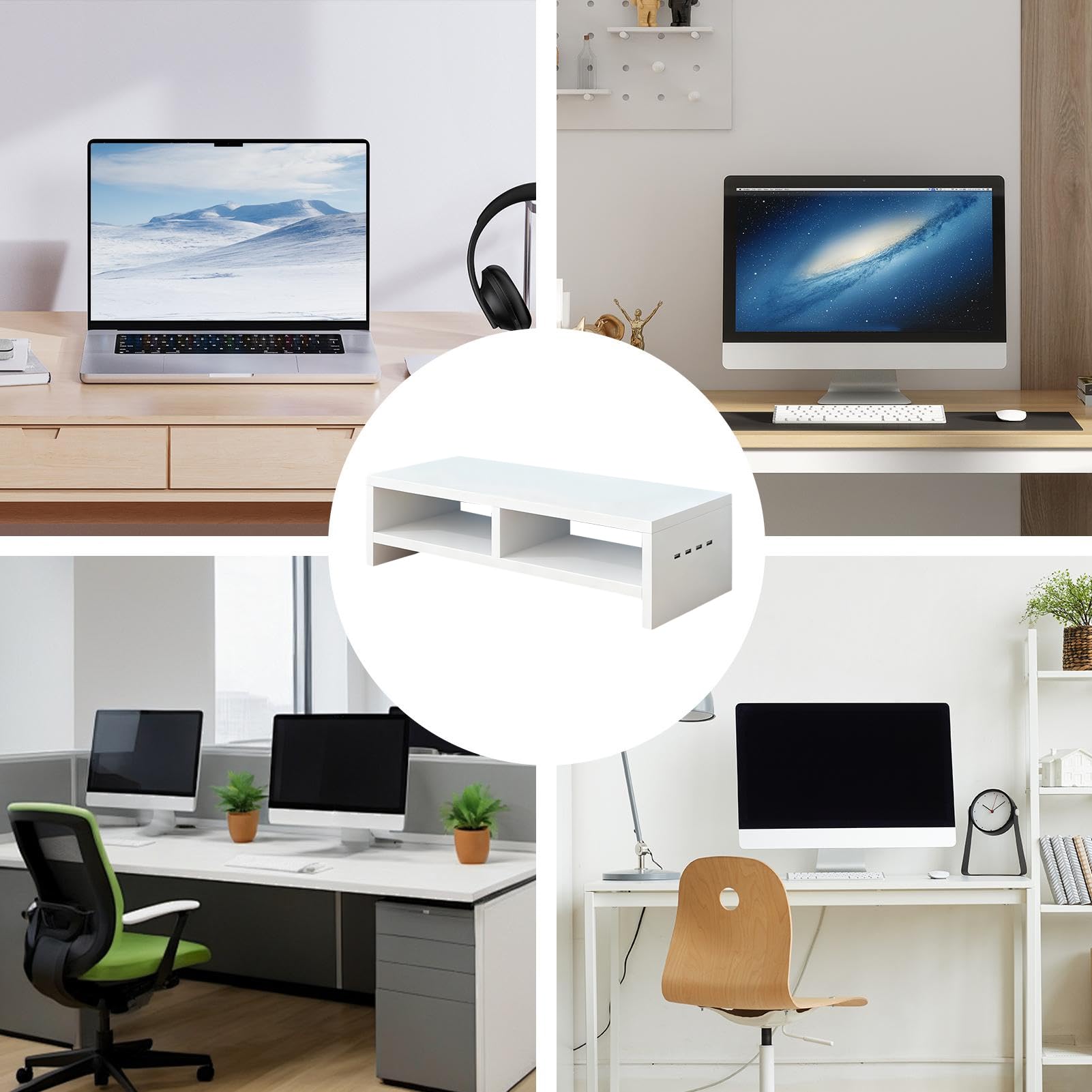 Sollevatore per monitor per computer a 2 strati con 4 porte USB, antiscivolo, supporto per stampante da ufficio con spazio di archiviazione, per computer portatile, elettronica, casa, ufficio, studio,