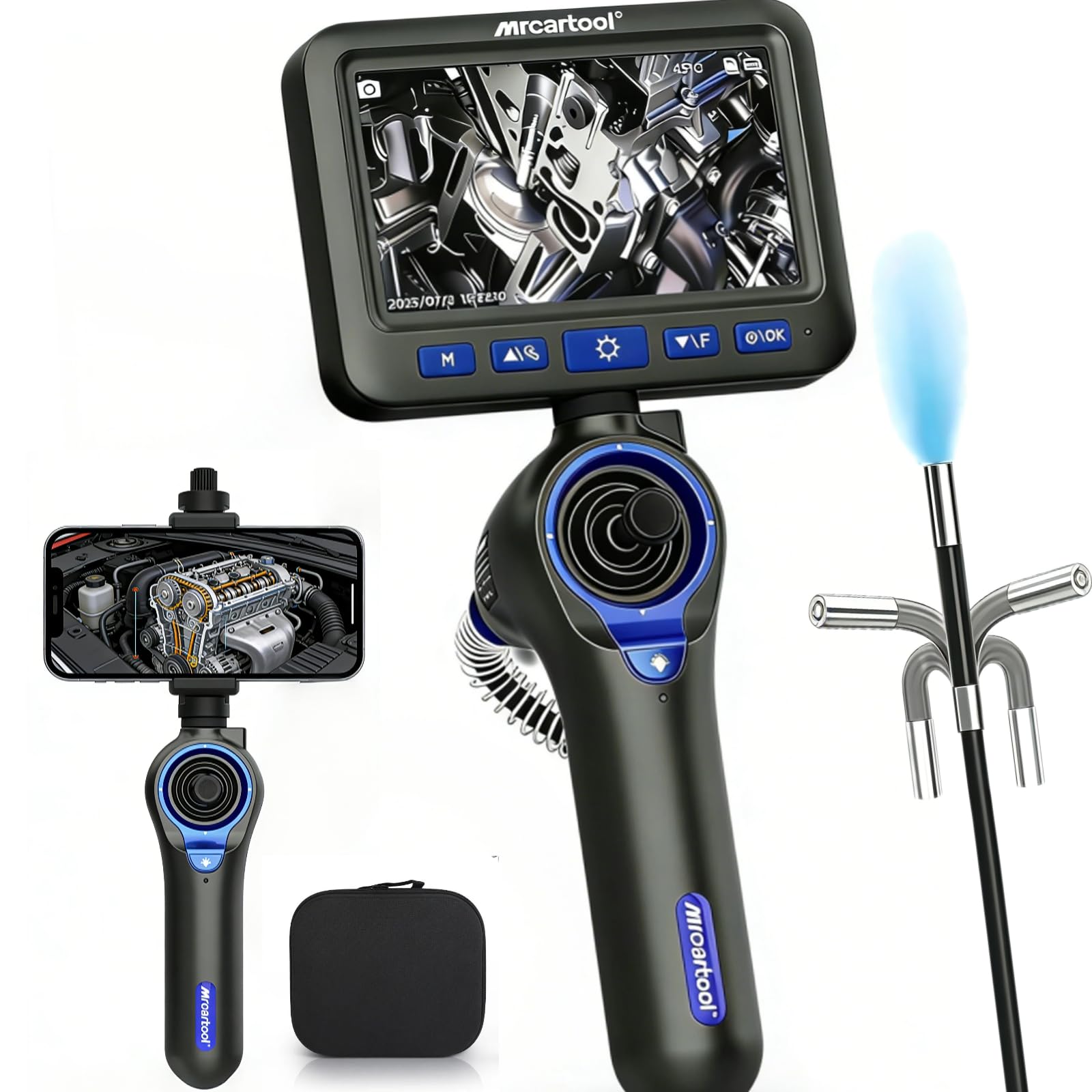 2-IN-1 Endoscopio articolato a 360° a 4 vie, schermo HD da 5 pollici, fotocamera di ispezione sottile da 6,2 mm con joystick staccabile e cavo semirigido da 1,2 m per meccanici HVAC automobilistici