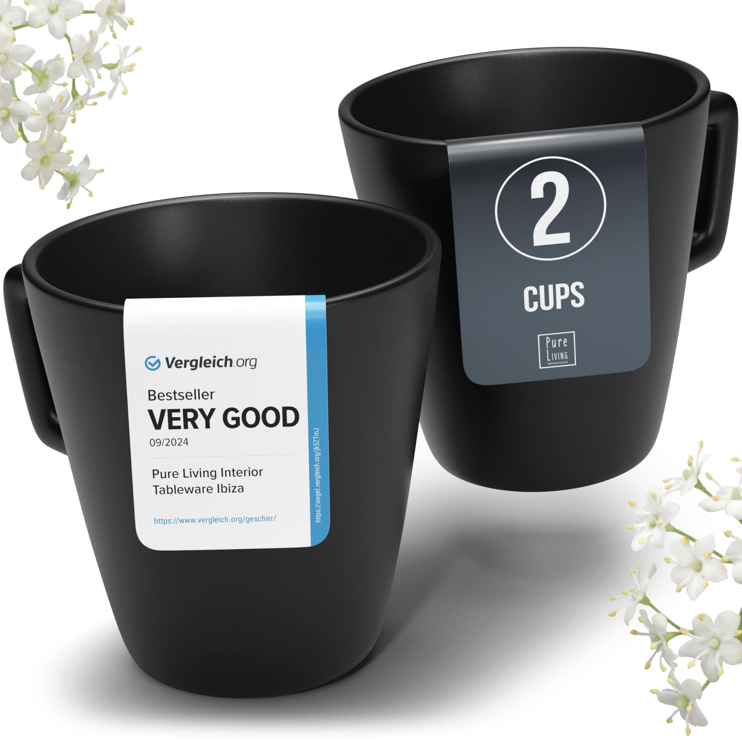 Coffee Cups Set of 2 Manhattan - Premium Stoneware for Dishwasher, Microwave - Mug Set Black Matt - Stylish Tea and Coffee Cups - Pure Living Crockery Urban Black Line