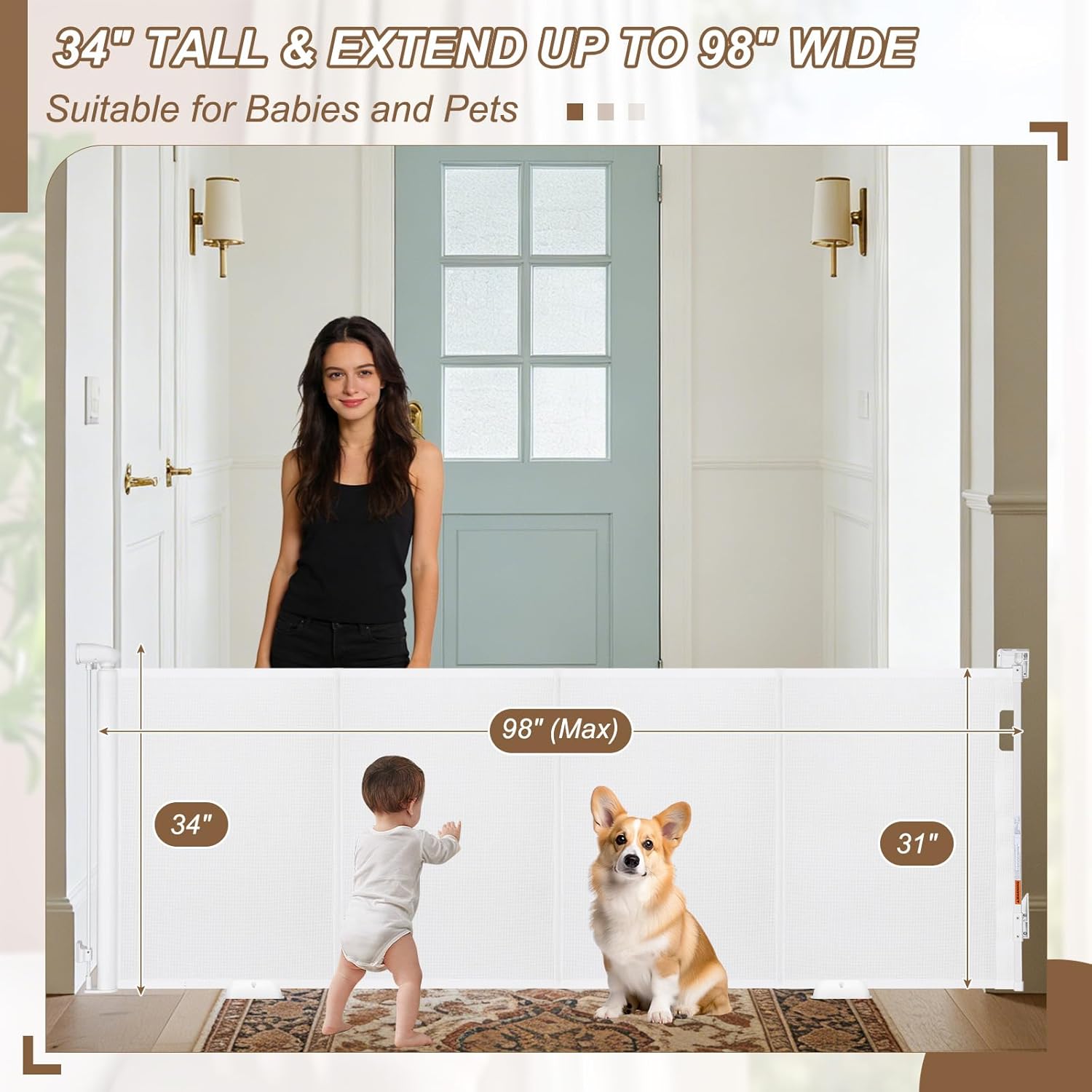 Reinforced 98" Wide Retractable Gate with Reinforced Strips, Indoor/Outdoor Retractable Dog Gate for Doorway Prevent Bottom Drilling Through, Safety Mesh Gate, White