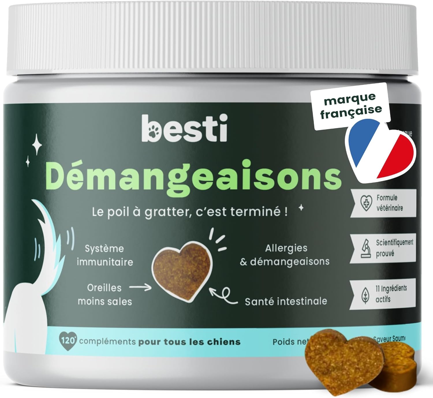 BESTI – Itching | 120 Premium Dog Food Supplements | Against Licking, Scratching, Chewing | Omega 3, Probiotics | French Brand – Veterinary Formula | Salmon | 300g