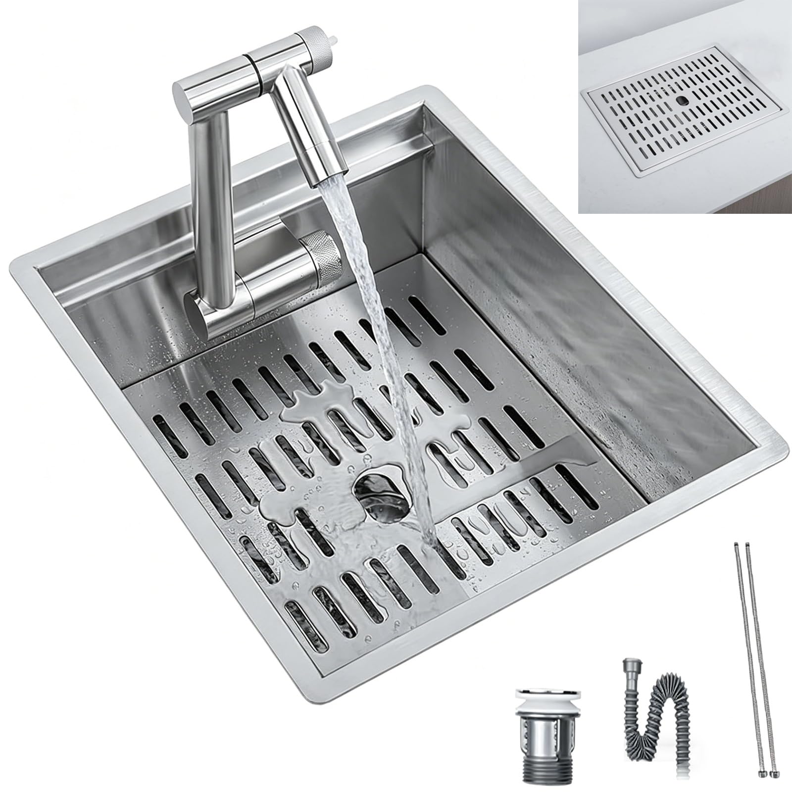 Fregadero Camper, Fregadero Pequeño de Acero Inoxidable 304, con Grifo Plegable y Kit de Desagüe, Apto para Autocaravanas, Furgonetas Camper, Yates y Bares(Silver,300x360mm)