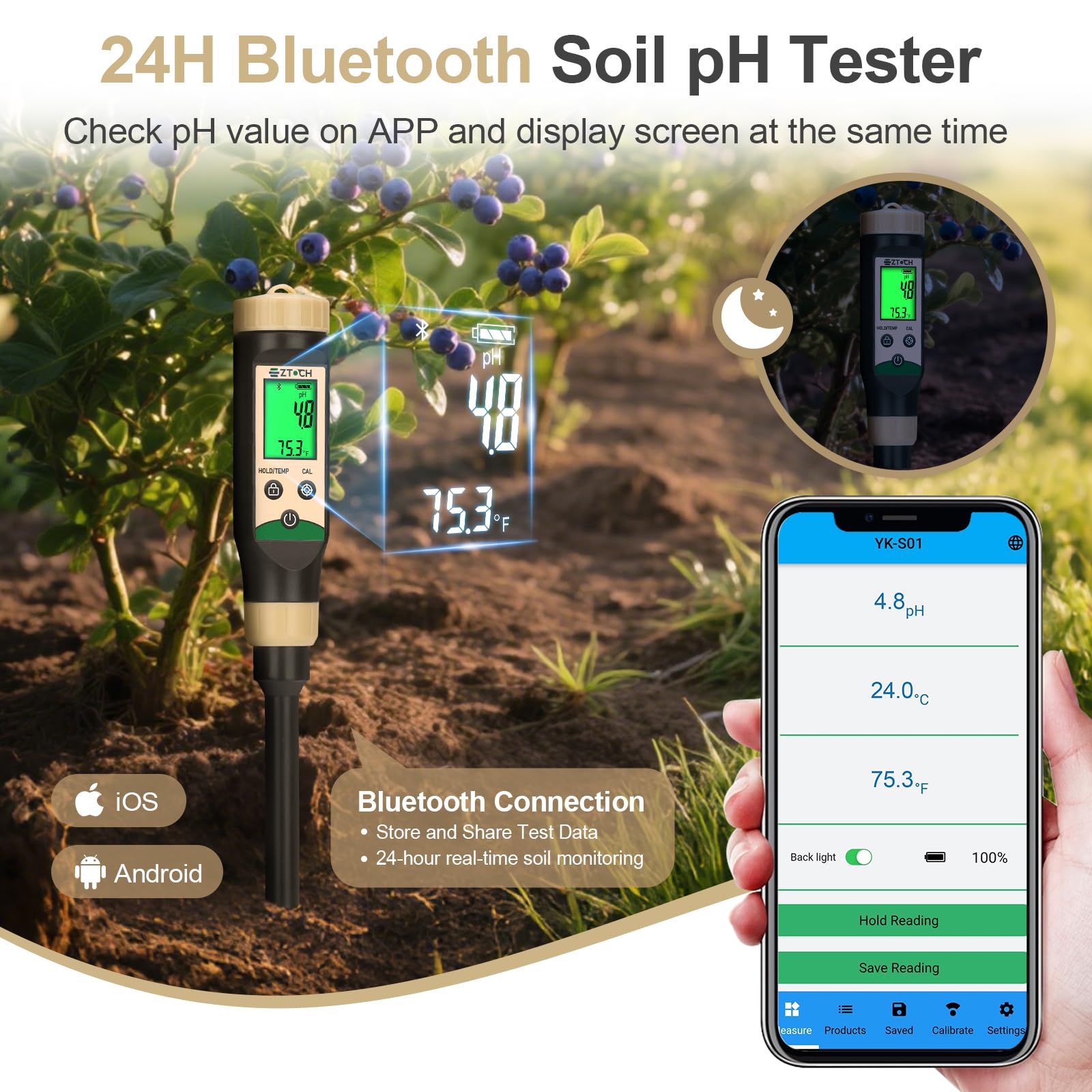 EZTOCH Soil pH Meter for Garden, Bluetooth Water pH Tester for Soil and Hydroponic, Digital pH Temp Meter for Blueberry with ATC for Lawn, Potted Indoor Outdoor Plants, Raised Garden Beds