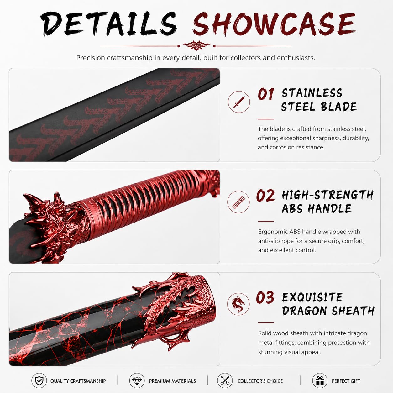 Claw Dragon Katana Schwert 103,5cm – Dekoratives Samuraischwert mit Drachen-Design, Edelstahl Klinge Nicht geschärft, schwarz-rot Fantasy Deko Schwert für Sammlung, Cosplay & Wanddekoration