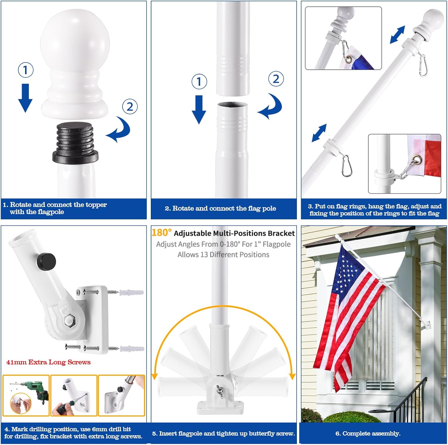 White Flag Pole Kit for House, 5 FT Thickened Stainless Steel Porch Wall Mount Flagpole for 3x5' Flag, 1" Tangle Free Rotating Flag Pole Rings & 180° Adjustable Multi-Positions Bracket Holder - Image 6