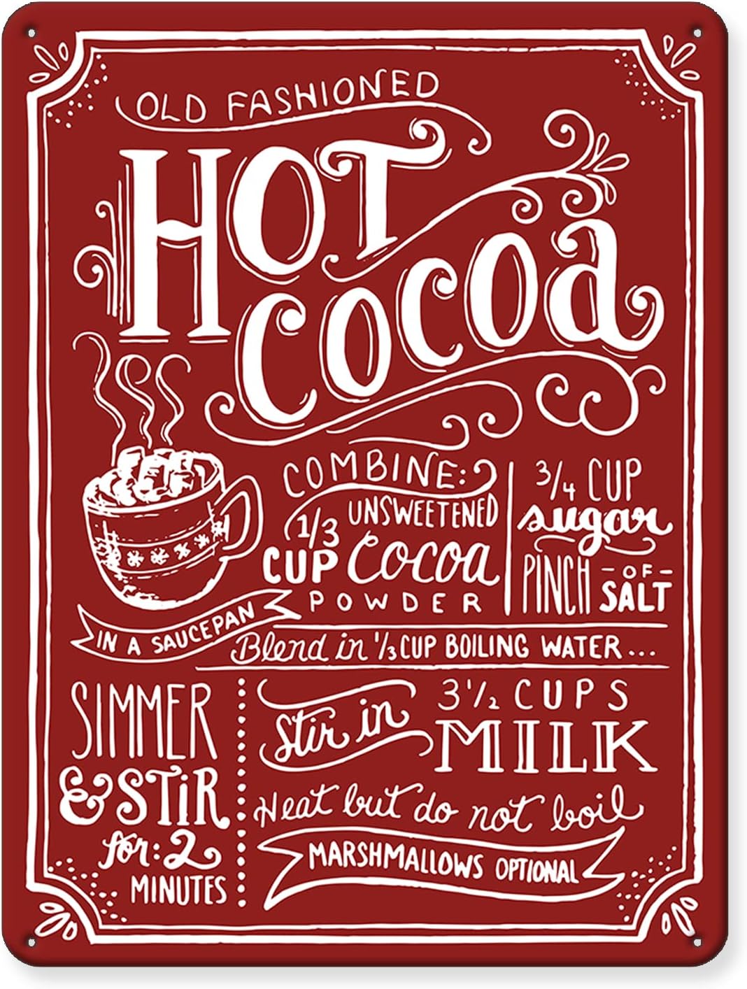 Christmas Decor Signs Farmhouse Decorative Red Hot Cocoa Vintage Wall Decorations - Old Fashioned 8x12 Inch