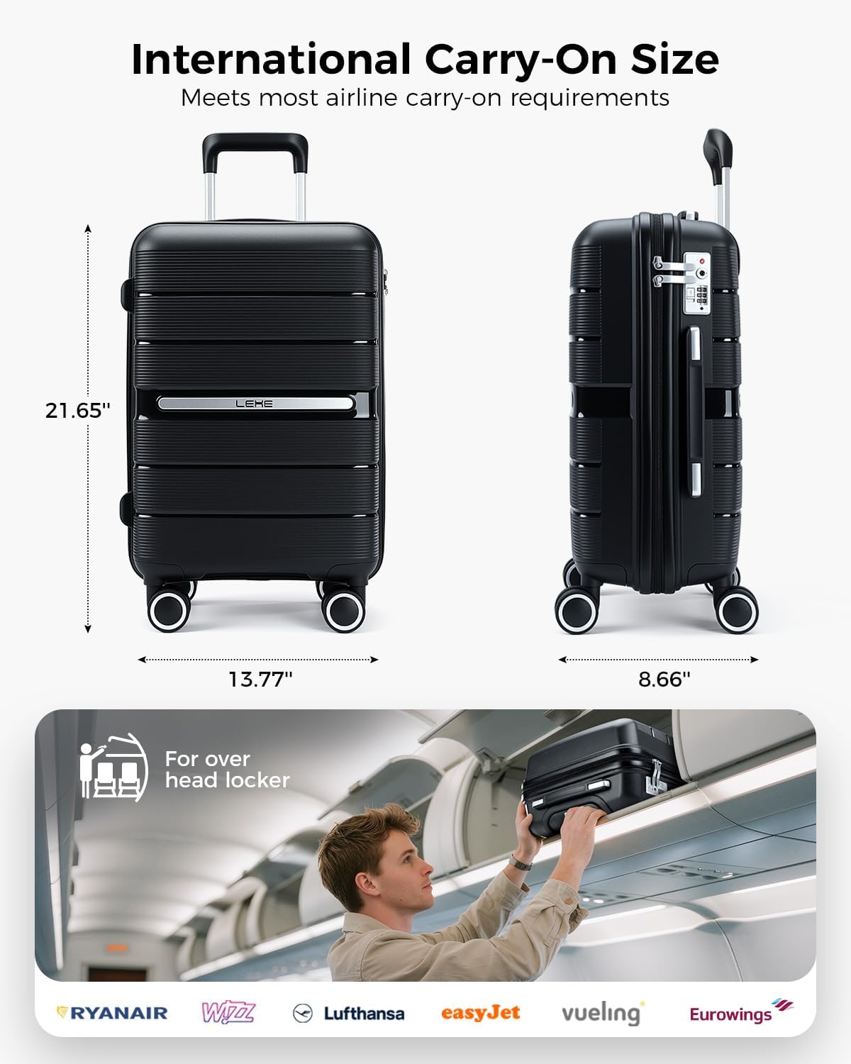 20 Inch Carry On Luggage with Spinner Wheels - Hard Shell Suitcase with TSA Lock, Airline Approved, Expandable Rolling Suit Case for Travel Weekend Trips, Black