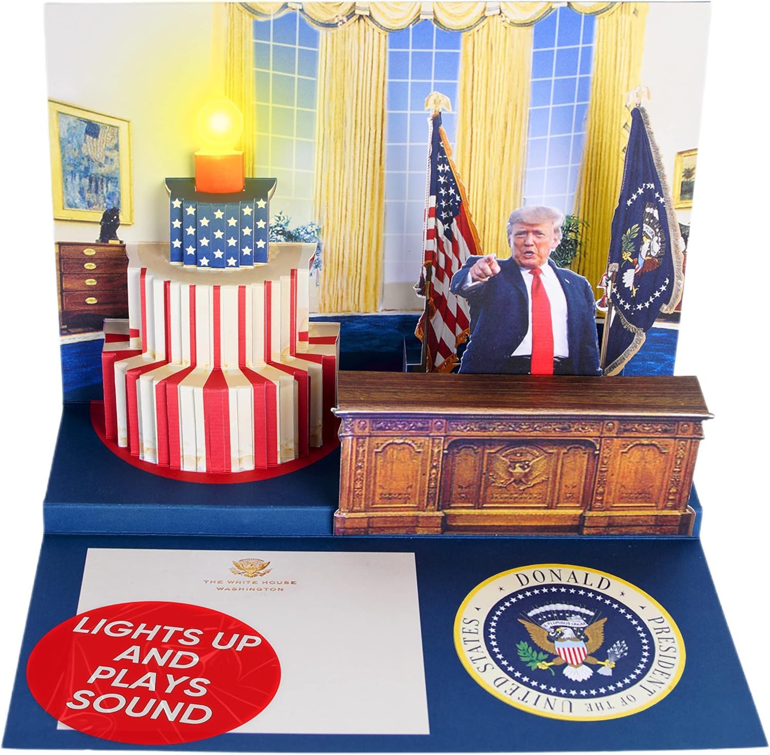 Donald Trump Pop Up Birthday Card with Real Voice, Lights & Music - Plays "Hail to the Chief" In 3D Oval Office, Funny Political Birthday Card for Dad, Republican Gag Gift, Original Cake Design