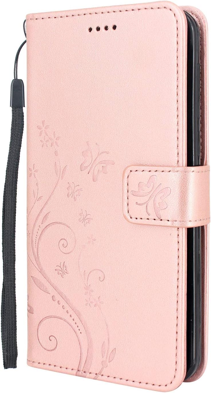Lacass Jitterbug Smart2 Case, Floral Butterfly PU Leather Flip Wallet Case Cover Kickstand with Card Slots and Wrist Strap for Jitterbug Smart 2 (Rose Gold)