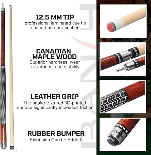 Miniatura 3 de Banly Tacos de Billar - Tacos de 58" de madera de arce canadiense con punta de 12.5mm de baja deflexión, palo de billar para control de precisión en