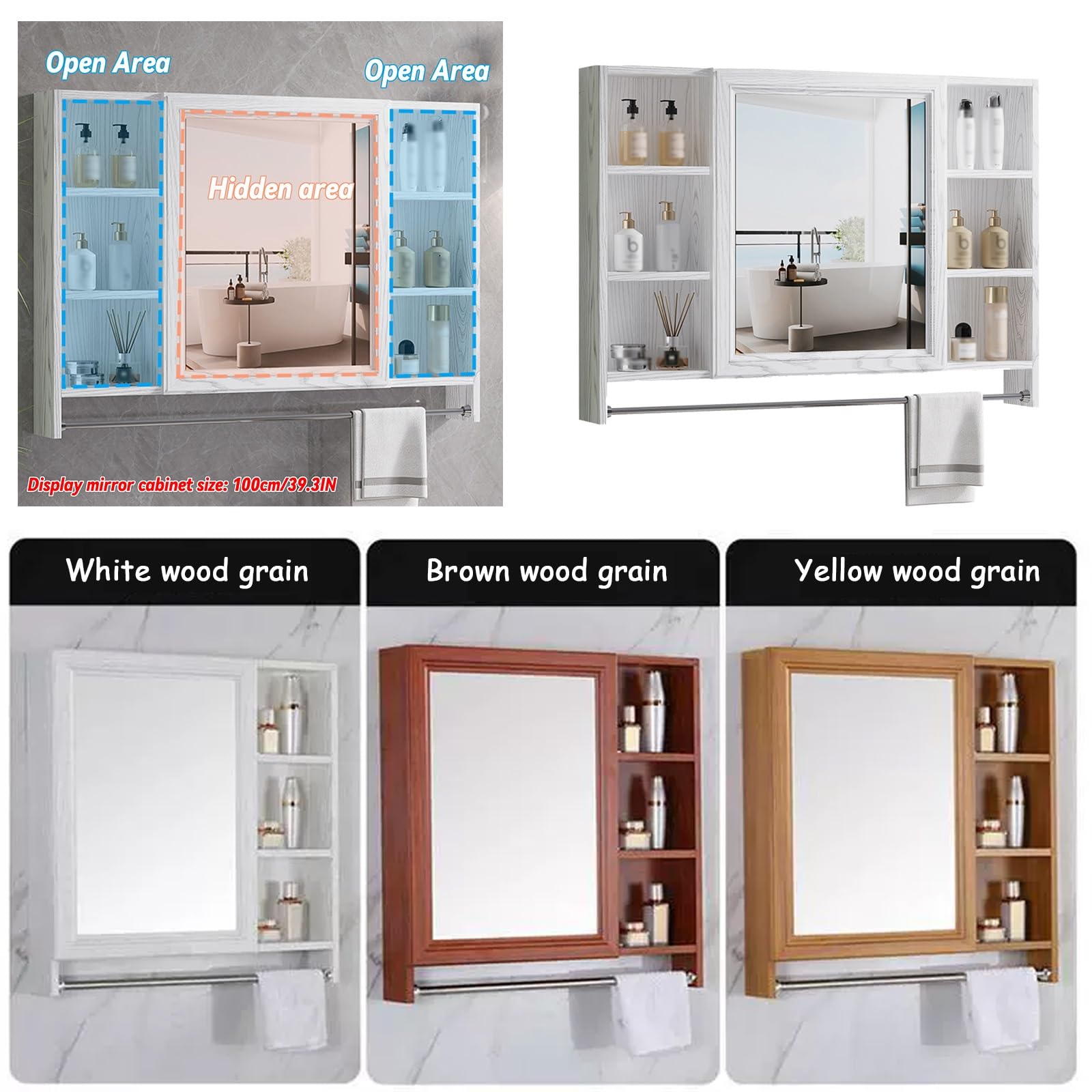 Specchio Bagno Contenitore con portasciugamani,armadietto medicinali，specchiera Bagno con mobiletto,Pannello Posteriore in Lega di Alluminio,Impermeabile(White,L60xH70CM/L23.6xH27.5IN)